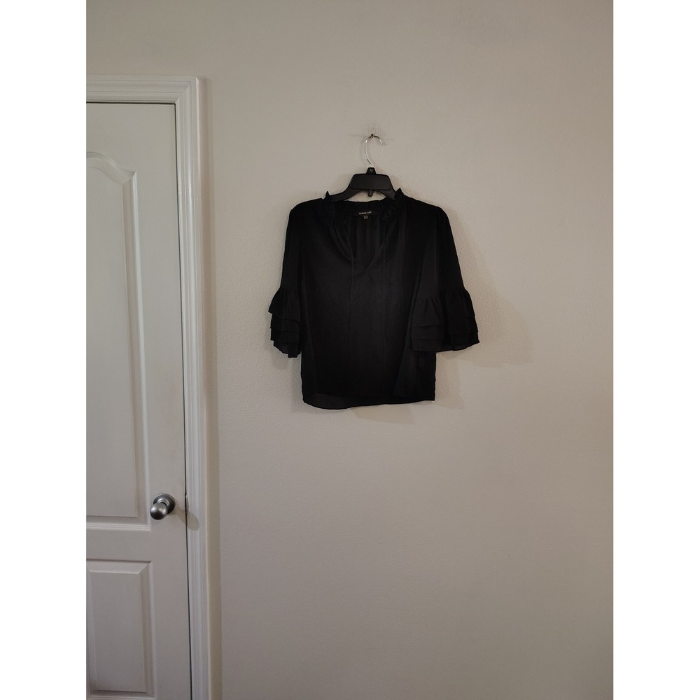Sugar Lips Black Ruffle Neck Tiered Sleeve V-Neck Tie Blouse Top XS